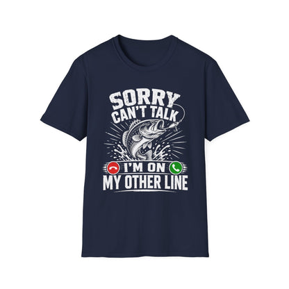 military green t-shirt with sorry can't talk fishing slogan