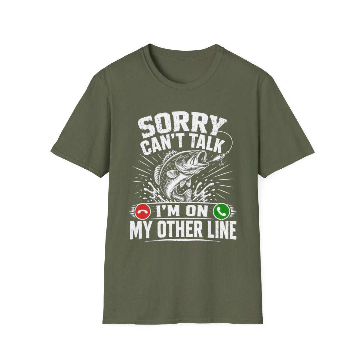 red t-shirt with angler joke saying printed on front