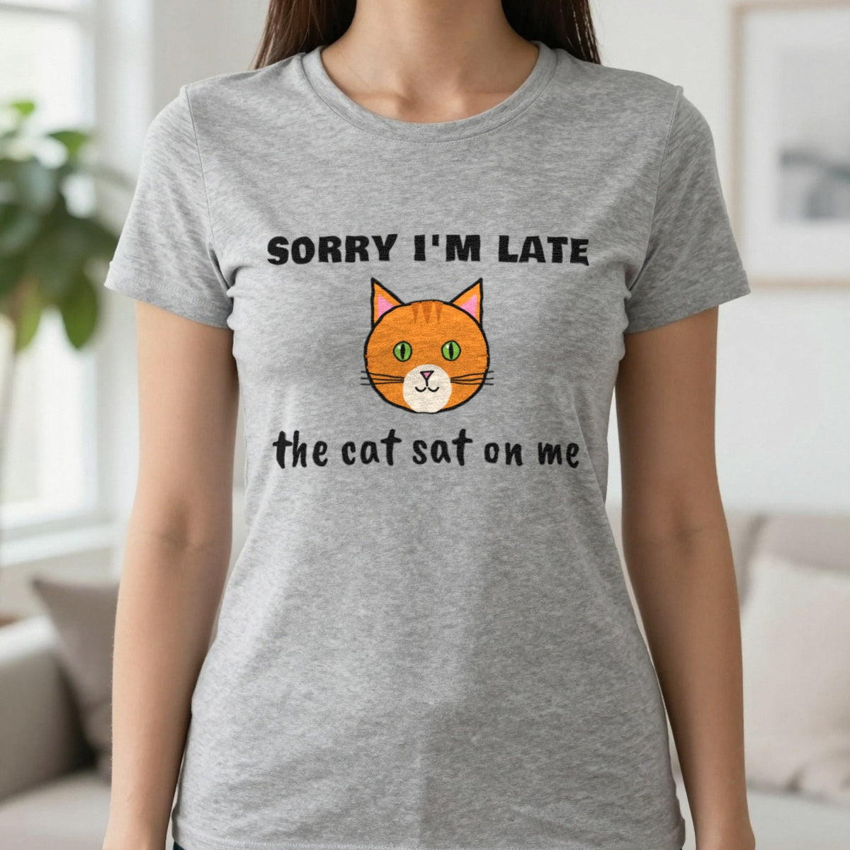 Sorry I'm Late The Cat Sat On Me Funny Cat T-Shirt & Sweatshirt in Sport Grey (T-Shirt), worn, our photo