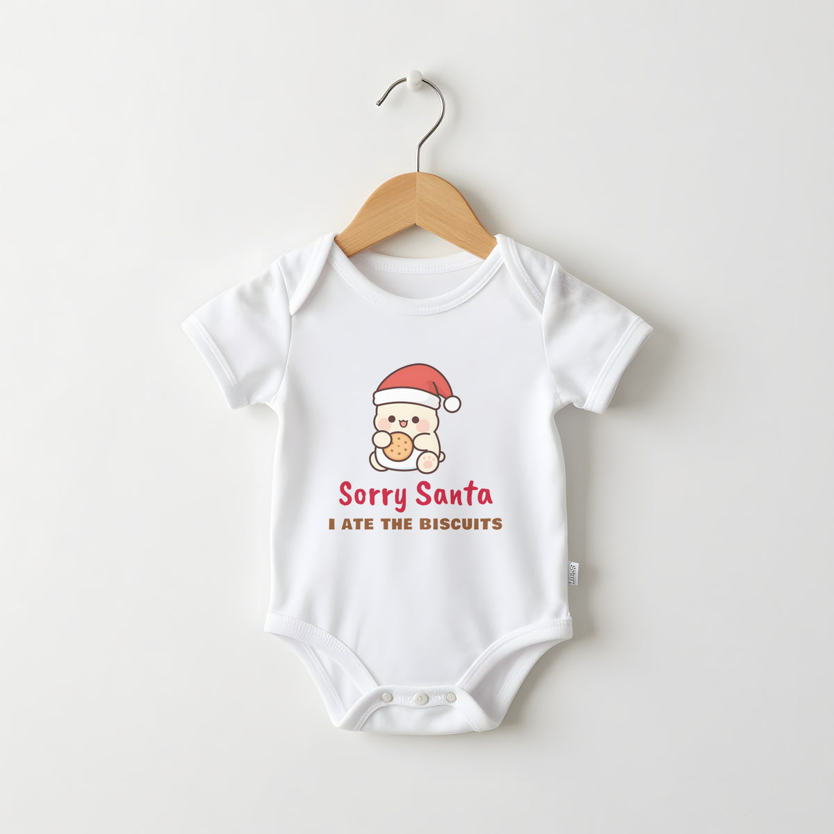 Sorry Santa I Ate The Biscuits white baby grow on a hanger