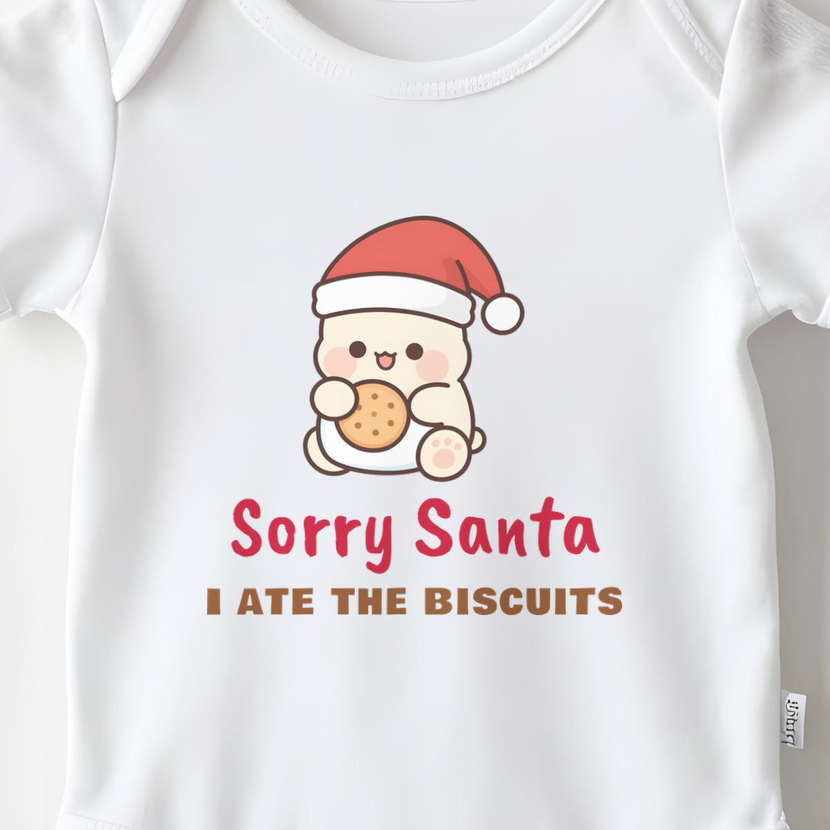 Sorry Santa I Ate The Biscuits baby grow print close-up