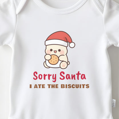 Sorry Santa I Ate The Biscuits baby grow print close-up