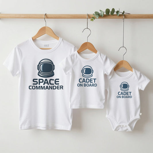 Space Commander & Cadet grown-up tee, kids tee and baby grow on hangers