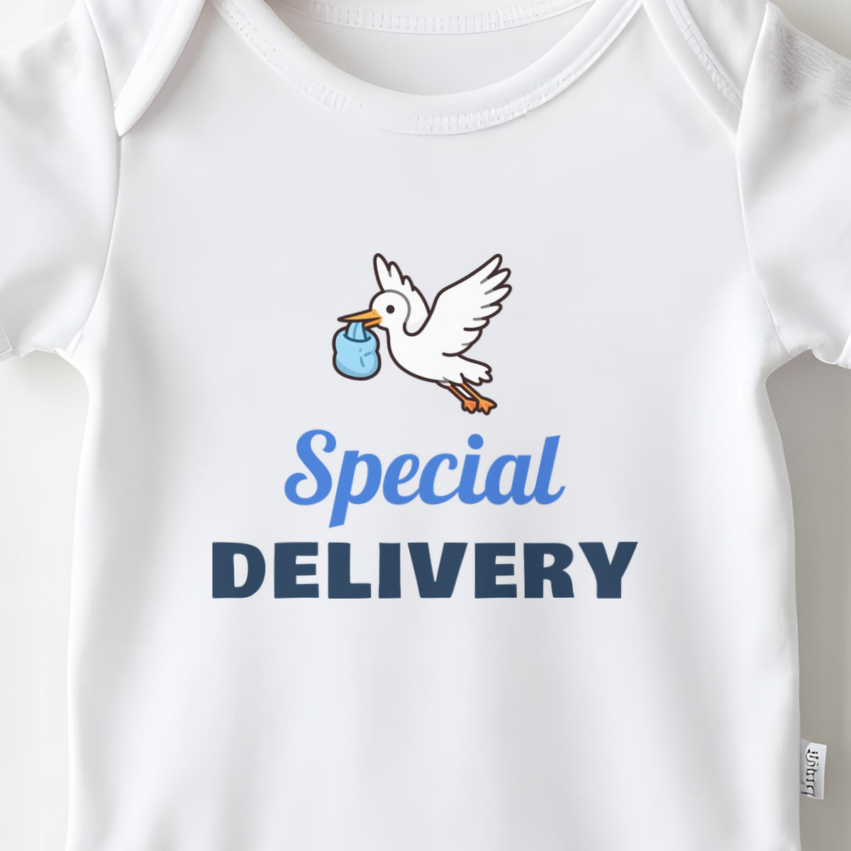 Special Delivery baby grow print close-up