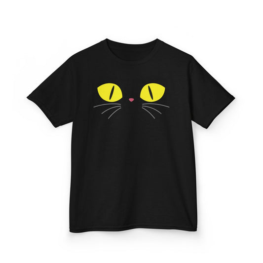 black t-shirt with spooky black cat eyes halloween design for kids