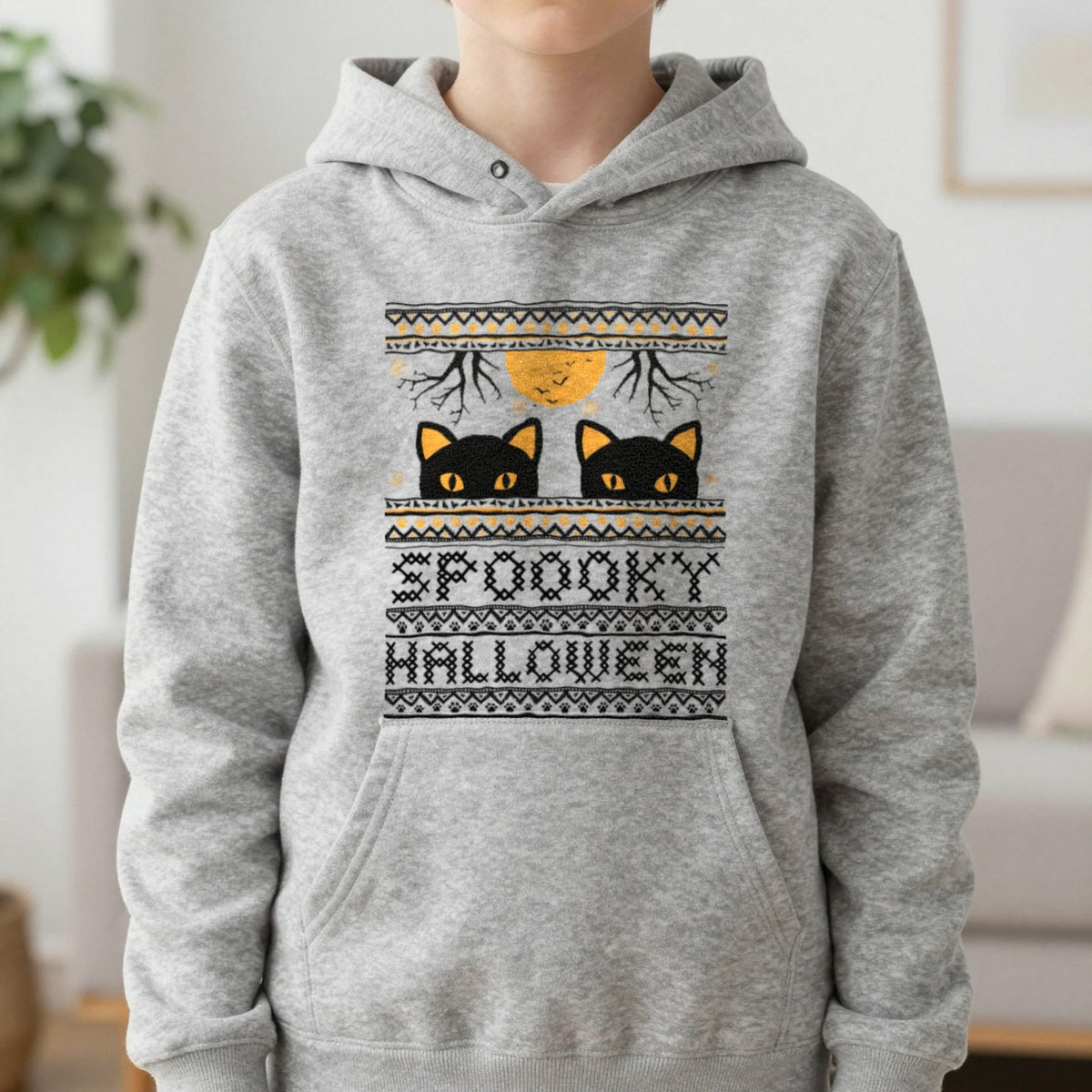 Spooky Halloween Black Cat Kids Hoodie in Sport Grey, worn, our photo