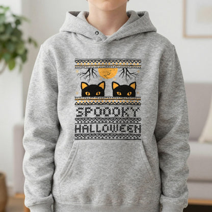 Spooky Halloween Black Cat Kids Hoodie in Sport Grey, worn, our photo