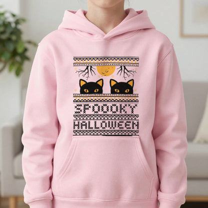 Spooky Halloween Black Cat Kids Hoodie in Light Pink, worn, our photo