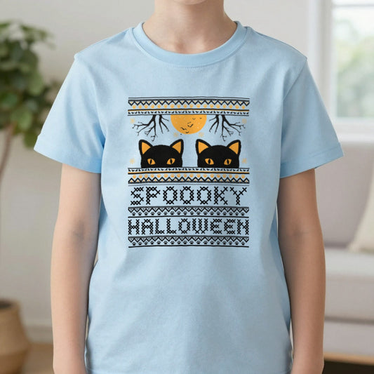Spooky Halloween Black Cat Kids T-Shirt in Light Blue, worn, our photo