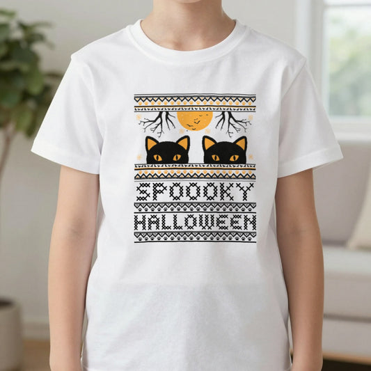 Spooky Halloween Black Cat Kids T-Shirt in White, worn, our photo