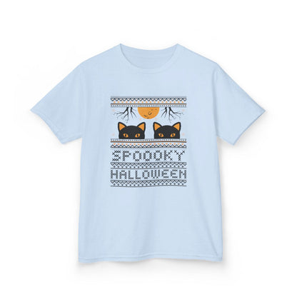 white kids t-shirt with spooky black cat halloween graphic