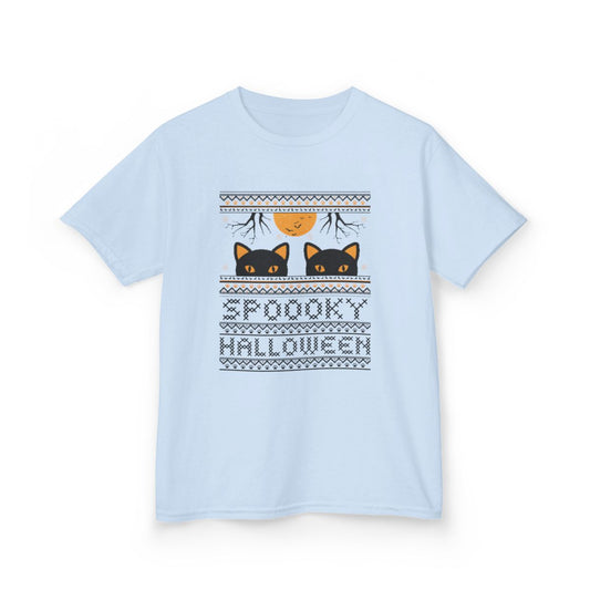 white kids t-shirt with spooky black cat halloween graphic