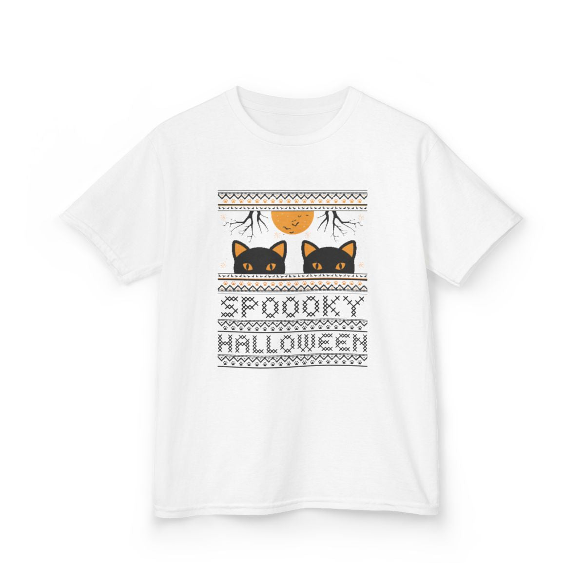 light pink kids t-shirt with cute black cat spooky season print