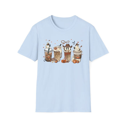 white t-shirt with halloween coffee graphic and pumpkin accents detail