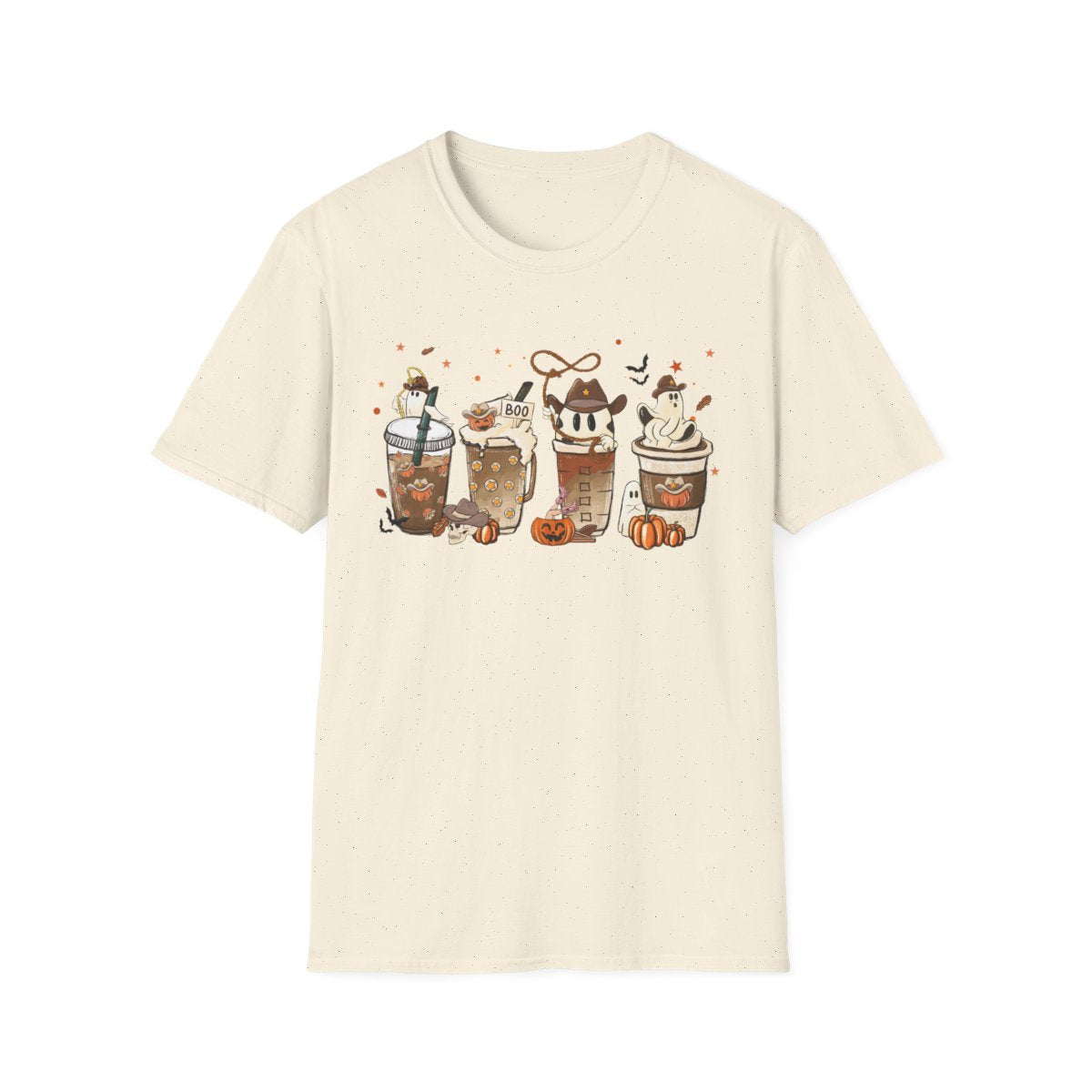natural t-shirt with ghost-themed fall beverages print