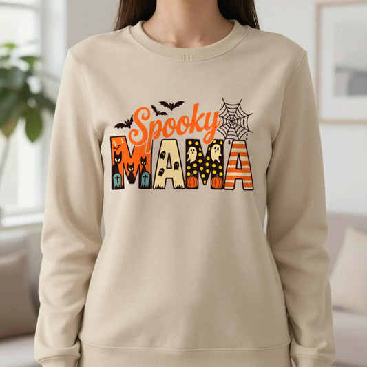 Spooky Mama Halloween Sweatshirt worn, lifestyle photo