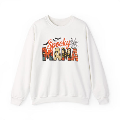 light pink sweatshirt with spooky mama halloween design featuring bats pumpkins and ghosts