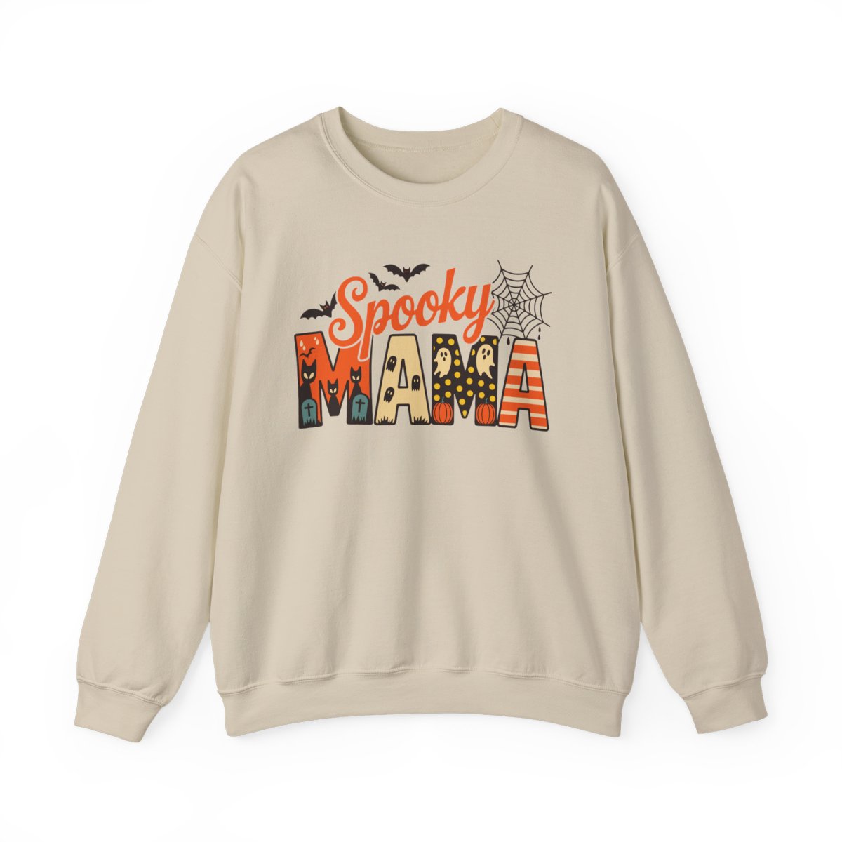 sport grey sweatshirt with spooky mama halloween lettering and spiderweb details