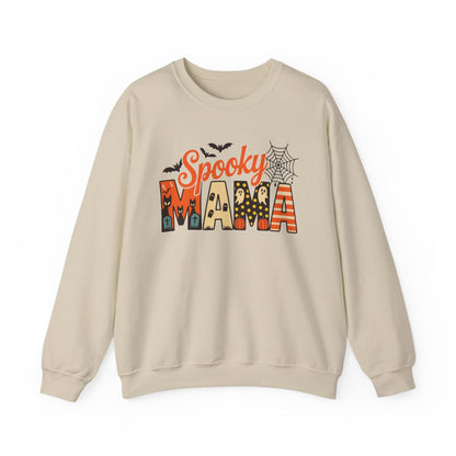 sport grey sweatshirt with spooky mama halloween lettering and spiderweb details