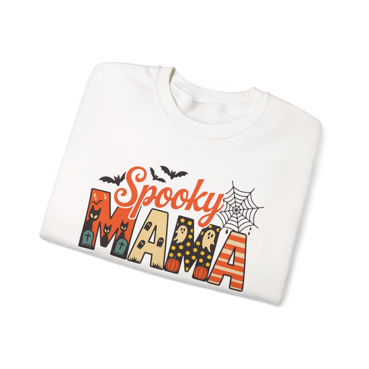 spooky mama halloween sweatshirt showing bold printed design in multiple colours