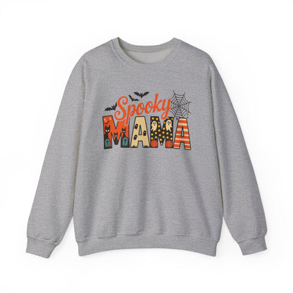 white sweatshirt with spooky mama halloween design for moms