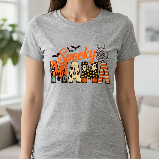 Spooky Mama Halloween T-Shirt worn, lifestyle photo