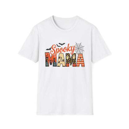light blue t-shirt with spooky mama ghost pumpkin and bat halloween design