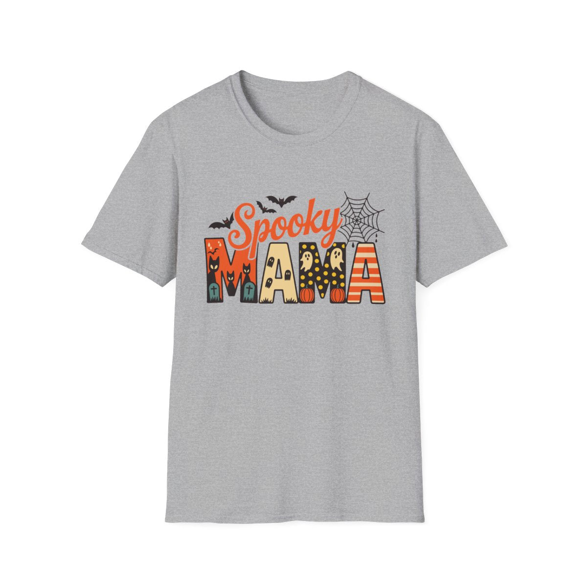 sport grey t-shirt with spooky mama pumpkin ghost and spiderweb halloween print