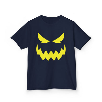 royal blue kids t-shirt with bold glowing monster face print for halloween