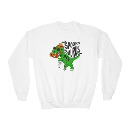 white kids sweatshirt with spooky saurus rex dinosaur halloween design