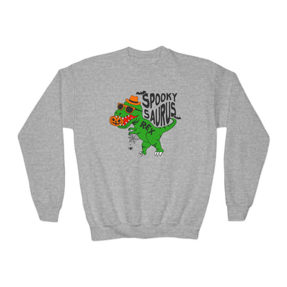 red kids sweatshirt with bold spooky saurus rex funny halloween print