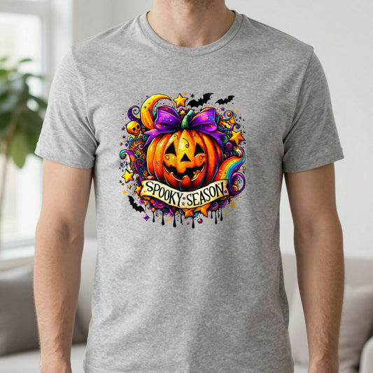 Spooky Season Pumpkin Halloween Graphic T-Shirt in Sport Grey, worn, our photo
