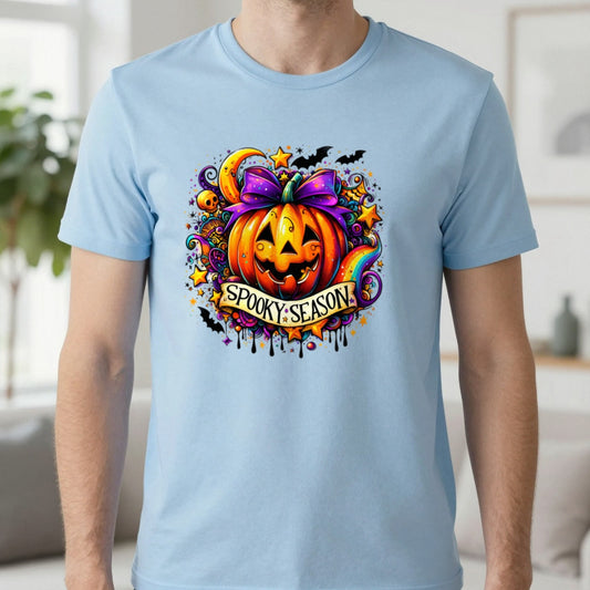 Spooky Season Pumpkin Halloween Graphic T-Shirt in Light Blue, worn, our photo