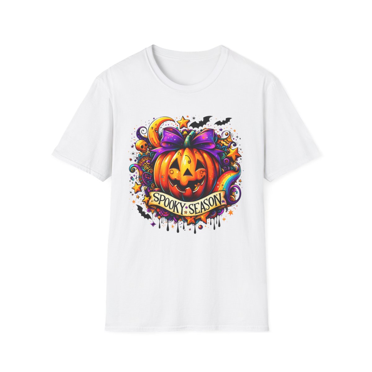 light blue t-shirt with spooky season pumpkin jack-o'-lantern design and bats stars moons