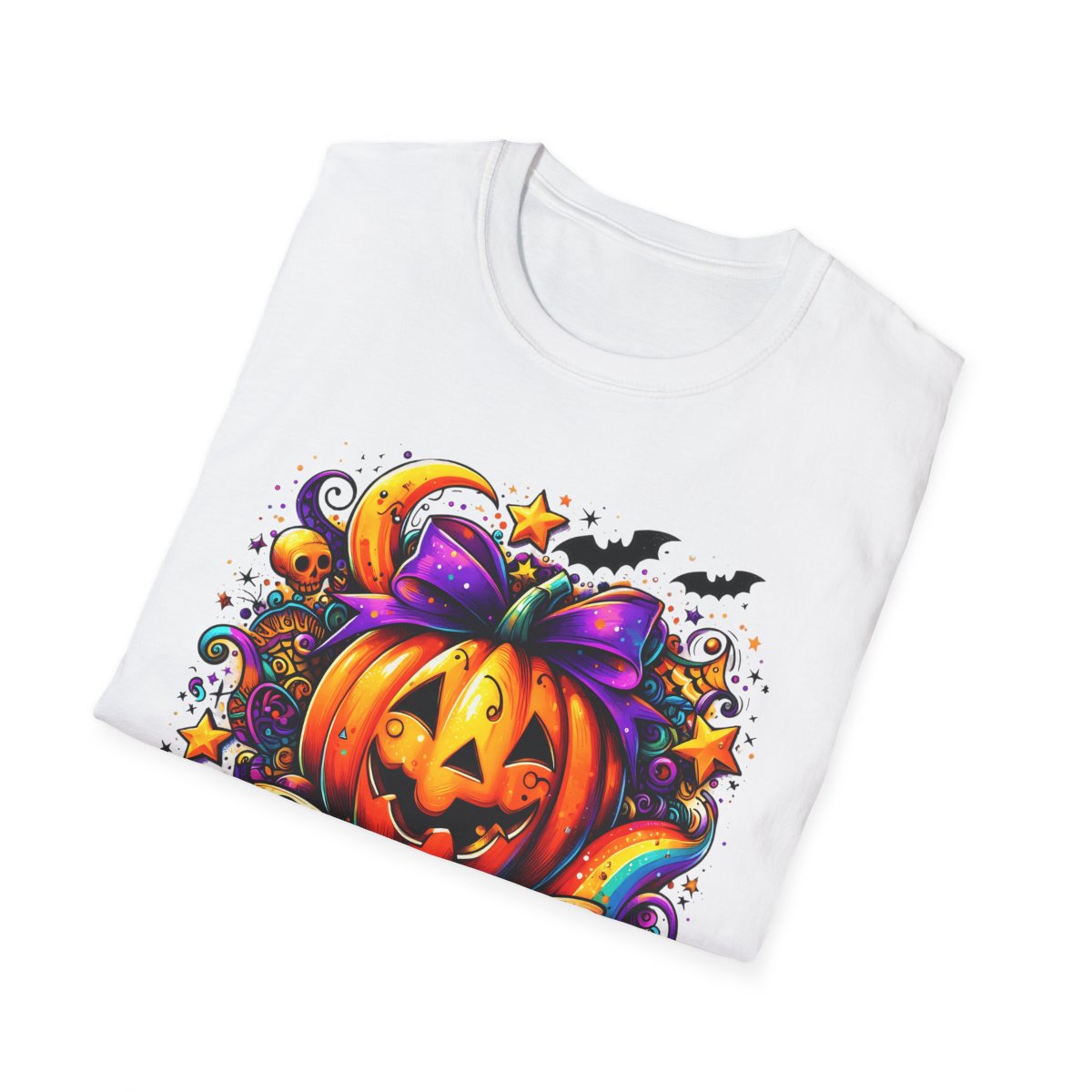 close-up of bold jack-o'-lantern and spooky design print on t-shirt fabric