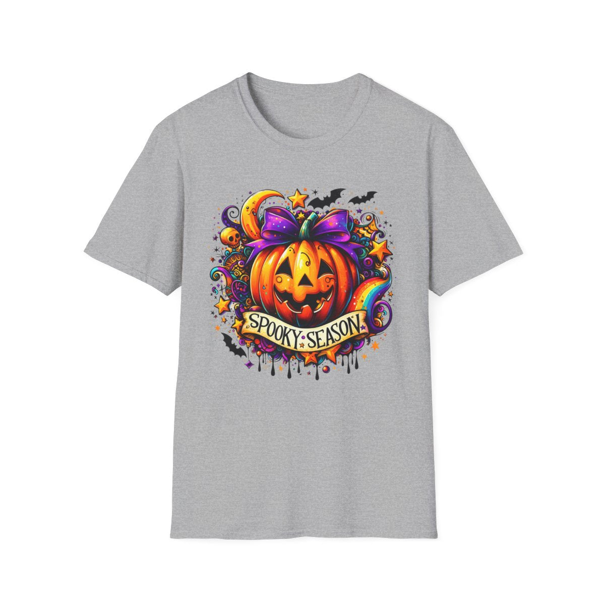 natural coloured t-shirt with spooky pumpkin graphic print for halloween