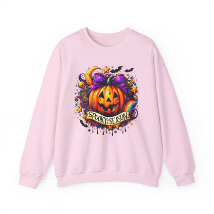 white sweatshirt with bold spooky season pumpkin halloween print