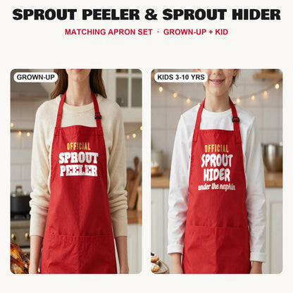 Sprout Peeler & Sprout Hider matching apron set in Red: grown-up and kids aprons, our photo