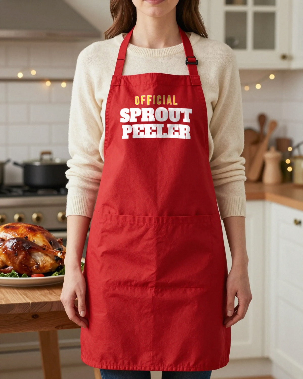 Sprout Peeler & Sprout Hider grown-up apron, worn