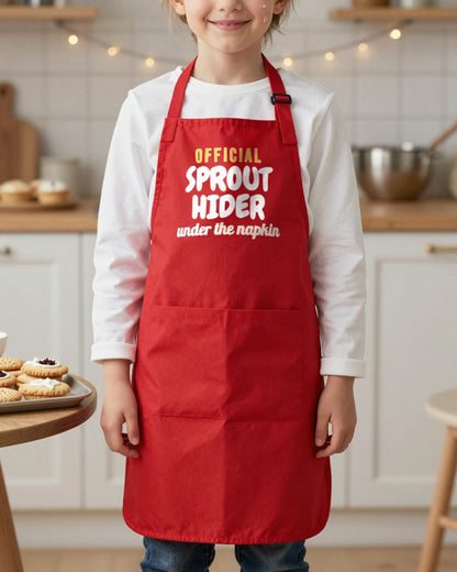 Sprout Peeler & Sprout Hider kids apron, worn