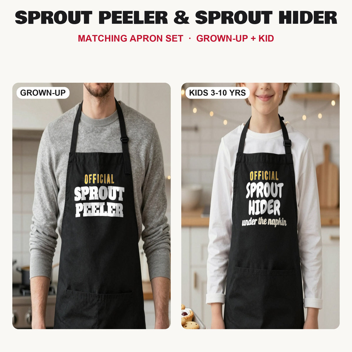 Sprout Peeler & Sprout Hider matching apron set in Black: grown-up and kids aprons, our photo