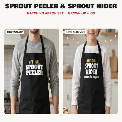 Sprout Peeler & Sprout Hider matching apron set in Black: grown-up and kids aprons, our photo