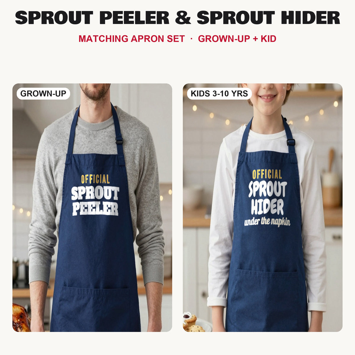 Sprout Peeler & Sprout Hider matching apron set in Navy: grown-up and kids aprons, our photo