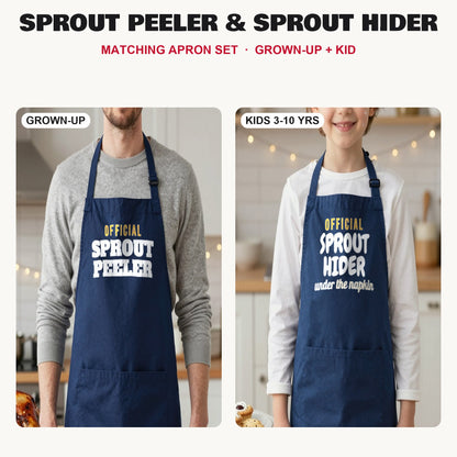 Sprout Peeler & Sprout Hider matching apron set in Navy: grown-up and kids aprons, our photo
