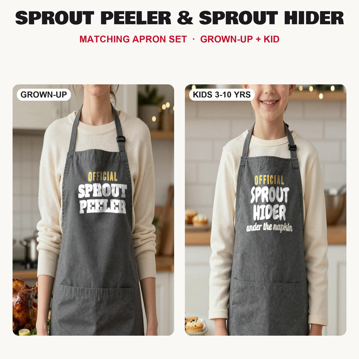 Sprout Peeler & Sprout Hider matching apron set in Dark Grey: grown-up and kids aprons, our photo