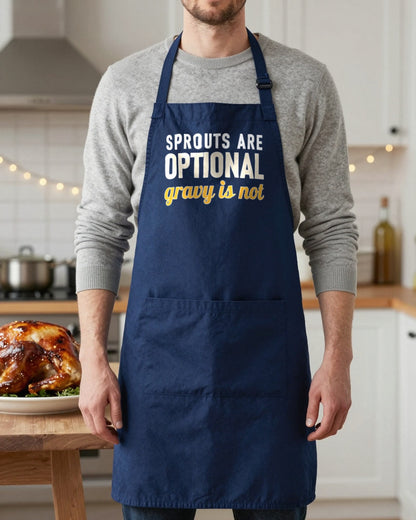 Sprouts Are Optional Gravy Is Not Christmas apron in Navy, worn, our photo