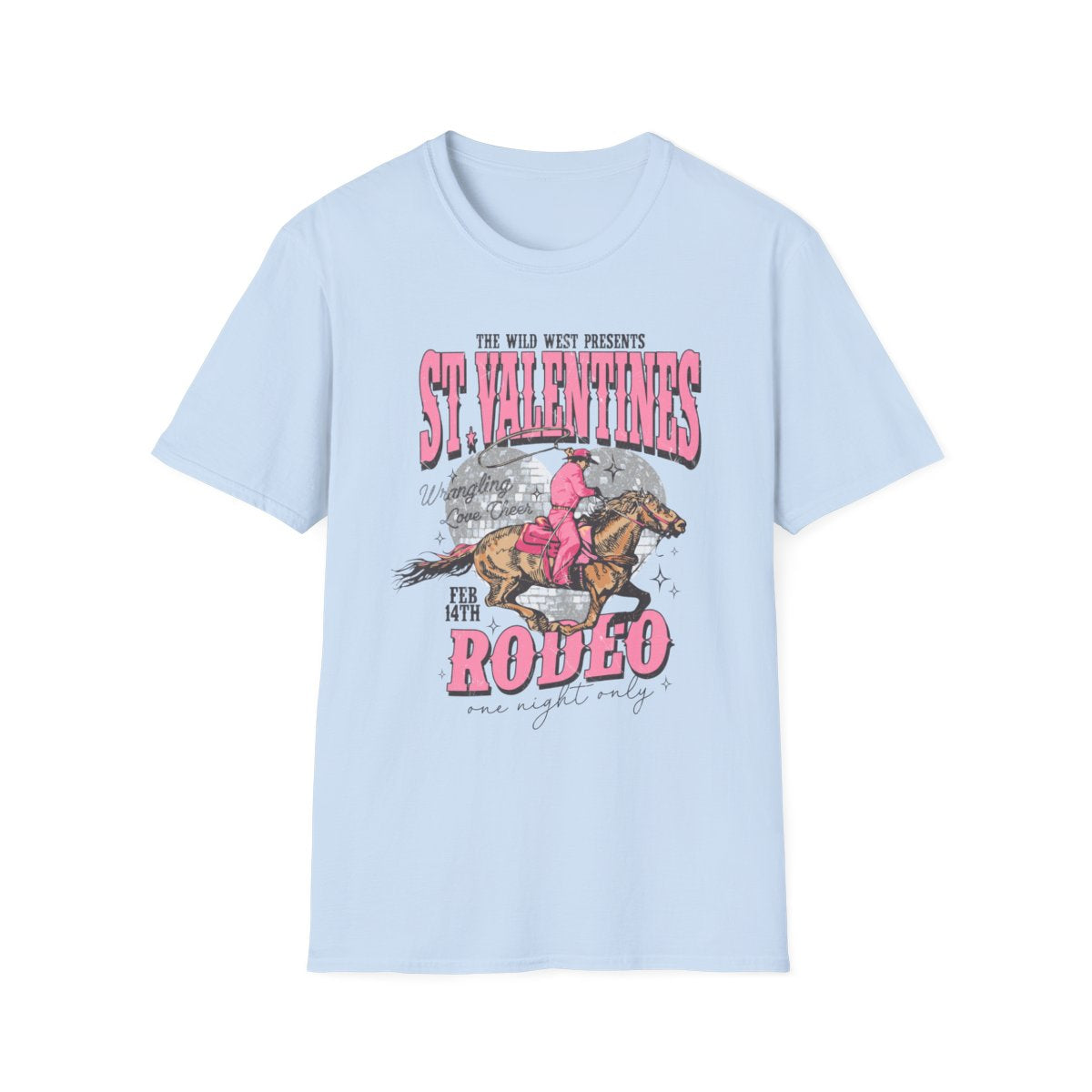 light blue t-shirt with st. valentines rodeo cowgirl graphic design