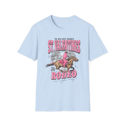 light blue t-shirt with st. valentines rodeo cowgirl graphic design