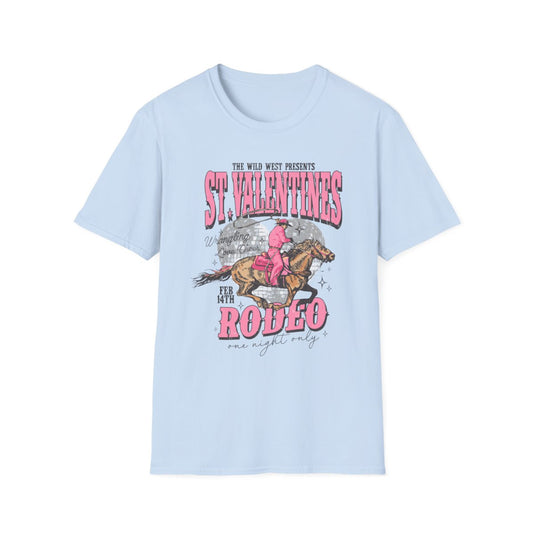 light blue t-shirt with st. valentines rodeo cowgirl graphic design