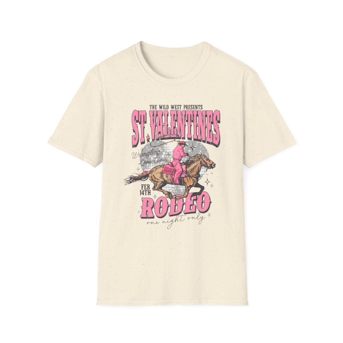 natural cotton t-shirt featuring bold rodeo cowgirl design